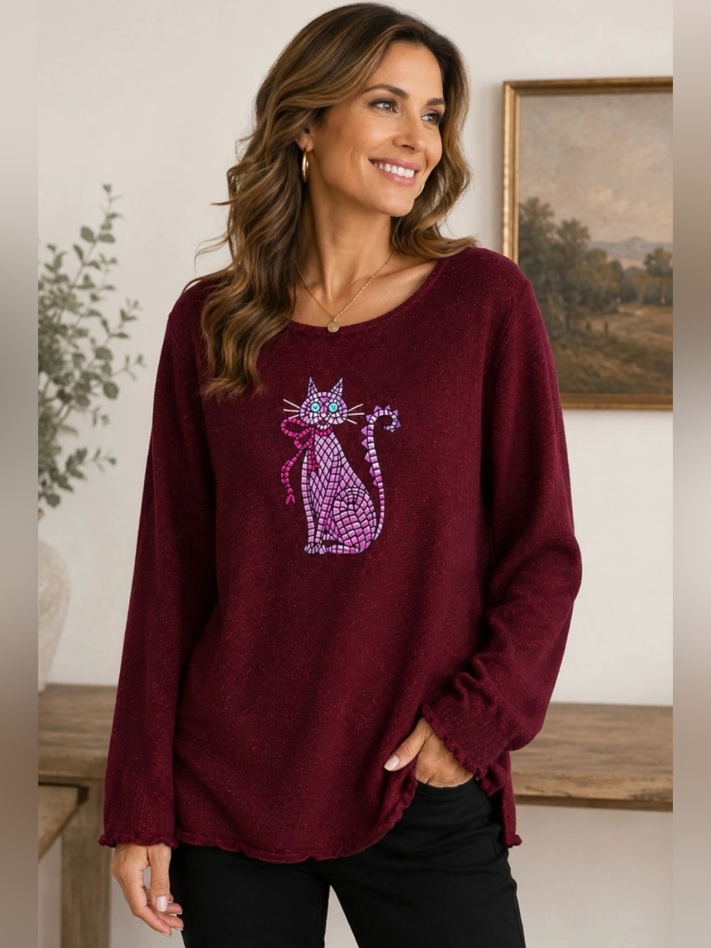 Bob Mackie Embroidered Pink Cat Mosaic Sparkly Burgundy Scoop Neck Sweater